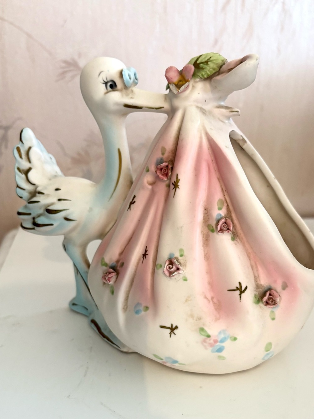 Vintage Lefton Ceramic Stork Baby Bundle Planter #2286 Mid-Century Japan